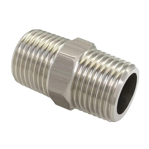 Stainless Steel Hex Nipple Three Eighths Inch NPT Male To Male Pipe Fittings, 2 Pack, Tapered Thread Connector For Plumbing