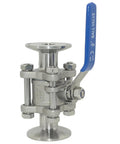 VARMHUS 1/2 in sanitary ball valve with blue lever; 1.5 in tri-clamp ends, 304 stainless