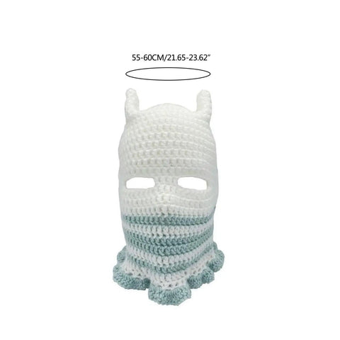 Knitted Full Face Ski Mask Balaclava For Winter Outdoor Gear in white and blue polyester wool, size 55-60cm, showing eye holes