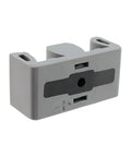 Close-up of a framed sliding shower door bumper, silicone and plastic protector with center hole, grey color.