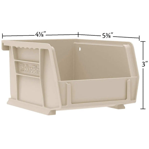 Single beige plastic storage bin with dimensions 5-3/8 x 4-1/8 x 3 inches, suitable for organizing garage and pantry items.