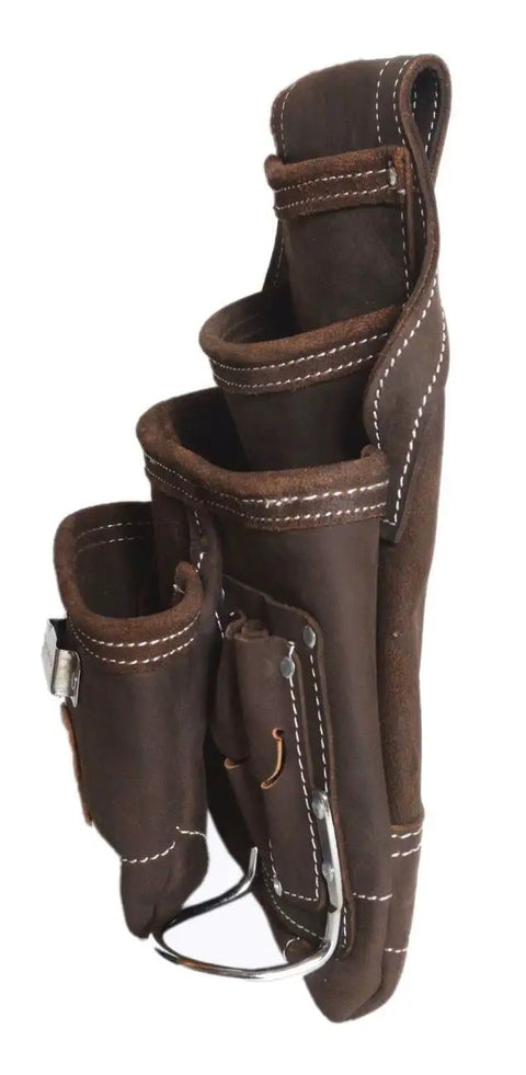 Side view of oil tan leather tool pouch with ten pockets for nails fasteners and tools includes four main pockets six small pockets