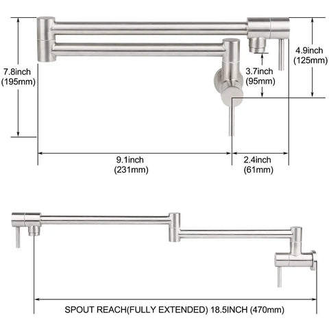 Stainless Pot Filler Faucet Wall Mount With Stretchable Double Joint Swing Arm Single Hole 2 Handle Brushed Finish