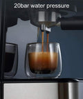 Close-up of Home Espresso Machine With Dual Brew Options Single Serve Or 12 Cup Carafe Fully Programmable Auto Shutoff Semi Automatic Cafe Style Coffee Maker With Steam Milk Foam 1.5L And 20 Bar Pressure brewing coffee into glass cup under 20 bar pressure.