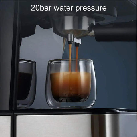 Close-up of Home Espresso Machine With Dual Brew Options Single Serve Or 12 Cup Carafe Fully Programmable Auto Shutoff Semi Automatic Cafe Style Coffee Maker With Steam Milk Foam 1.5L And 20 Bar Pressure brewing coffee into glass cup under 20 bar pressure.