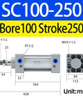 Diagram of SC100-250 heavy duty aluminum pneumatic cylinder with four inch bore and ten inch stroke for industrial automation.