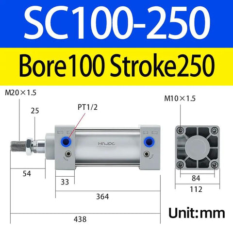 Diagram of SC100-250 heavy duty aluminum pneumatic cylinder with four inch bore and ten inch stroke for industrial automation.