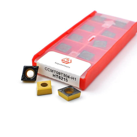 Hopson Tools CCMT carbide turning inserts set, 10 pcs, gold and black square inserts beside red storage box