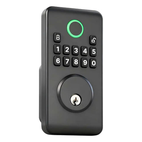 Matte Black Keyless Entry Door Lock With Auto Lock Keypad and Smooth Grip Design for Zero Fumbling Access, front view.