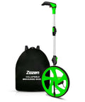 Distance Measuring Wheel With 10K Ft Range, Double Fold Design, One Button Reset in front of black backpack, green and black colors
