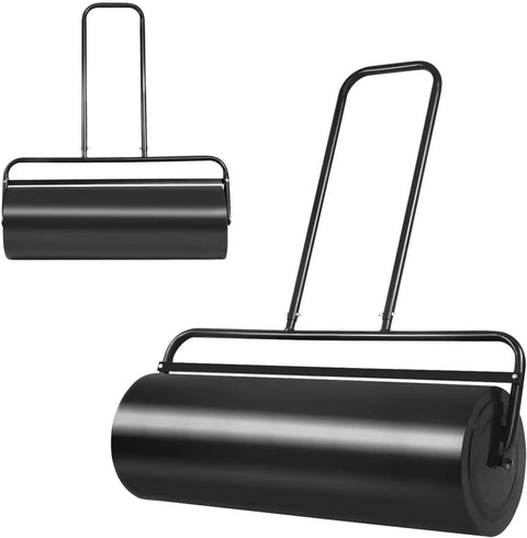Beefed Up Workhorse Lawn Roller 13x24 Inch Water Or Sand Filled Push And Tow Behind Grass Roller with ergonomic U handle, black.