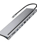 Slick 12 In 1 Type C Hub Docking Station With Crisp 4K Display, aluminum body, USB-C connection, various ports, compact size.