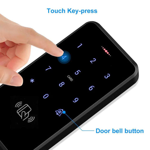 Hand using Outdoor Door Access Control System Kit IP68 Waterproof RFID Keypad Card Reader with touch key-press and doorbell button