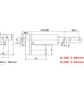 Technical drawing of Beefy 30mm Stroke 12V DC Linear Actuator showing dimensions and size specifications.