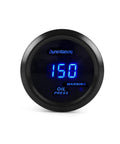 Front view of a Dyno Racing2 52mm oil pressure gauge with blue LED display reading 150 PSI and sensor
