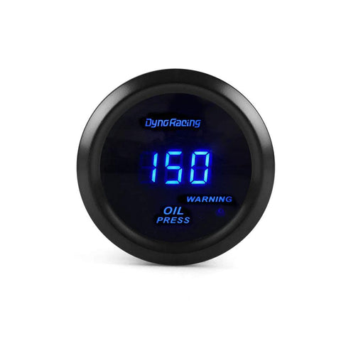Front view of a Dyno Racing2 52mm oil pressure gauge with blue LED display reading 150 PSI and sensor