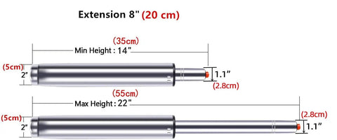 Workhorse Gas Lift Cylinder For Office Chairs And Stools, Adjustable From 14 To 22 Inches With An 8 Inch Stroke, dimensions shown