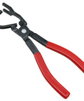 Exhaust hanger removal pliers with red handles and forked jaws