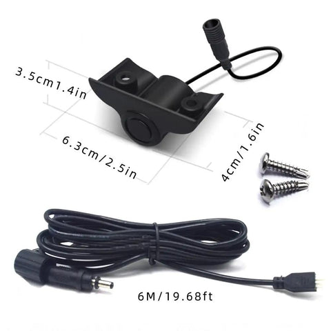 Four Sensor Parking Sensor Kit With Back Up Radar System For Trucks Trailers RVs Vans 24V Distance Detection LCD Alarm External Mounted Sensors 1ft To 7.5ft Easy Install dimensions and components