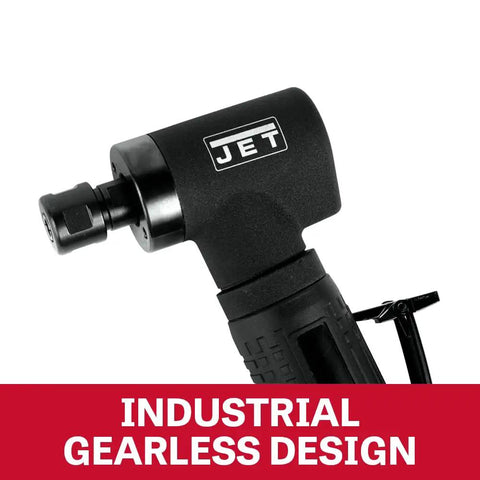 Badass Quarter Inch Pneumatic Angled Die Grinder Spins 20000 RPM With Totally Gearless Build showcasing handle and fittings.