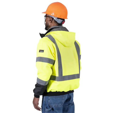 Man in Hi Vis Heated Bomber Jacket For Men With Reflective Tape Waterproof Class 3 Winter Rain Gear Detachable Hood