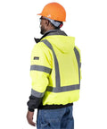 Hi Vis Heated Safety Bomber Jacket With Reflective Tape And Detachable Hood Waterproof Winter Rain Gear For Men Class 3