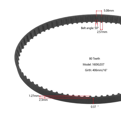 Two Pack 160XL037 Timing Belts 50 Tooth 10mm Wide 406mm Perimeter Cogged Rubber Drive Belt With Fiberglass Cord For Heavy Duty Industrial Machines Replacement Black, showing dimensions and details of the belt with text annotations on angles and girth.