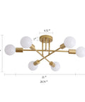 Gold Modern Sputnik Chandelier with Six Lights, industrial metal semi flush mount ceiling light with adjustable branches, UL listed