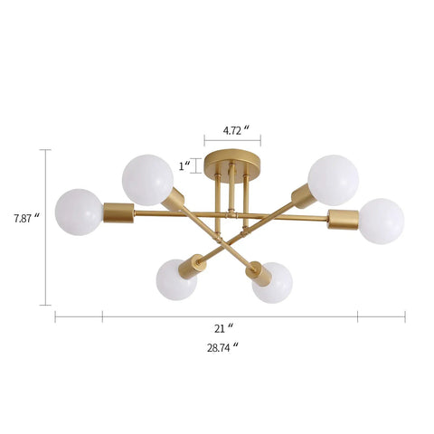 Gold Modern Sputnik Chandelier with Six Lights, industrial metal semi flush mount ceiling light with adjustable branches, UL listed