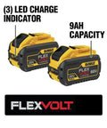 FLEXVOLT 20V/60V MAX Battery Pack 9.0 Ah Two-Pack showing LED charge indicator and 9Ah capacity for power tools.