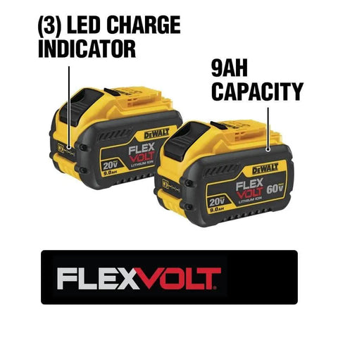 FLEXVOLT 20V/60V MAX Battery Pack 9.0 Ah Two-Pack showing LED charge indicator and 9Ah capacity for power tools.
