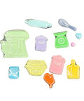 Colorful silicone clear stamp and die set for card making and DIY embossing with kitchen utensil designs.