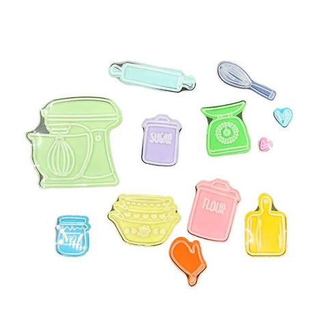 Colorful silicone clear stamp and die set for card making and DIY embossing with kitchen utensil designs.