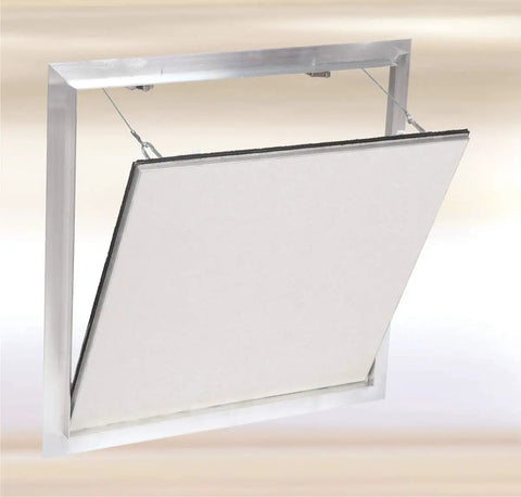 Smooth Removable Access Panel With Hidden Touch Latches And Airtight Dust Seal, 16x16 aluminum frame, angled view in drywall.