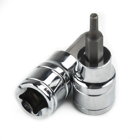Close-up of Three Eighths Inch Drive Metric Hex Bit Socket Set in Chrome Vanadium Steel, 2mm to 10mm, showing chrome finish and hex bit.