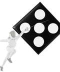 Fencer in action with PU Leather Square Fencing Target Pad With Five Bullseyes, Wall Mounted Practice Target For Saber, Foil, And Epee