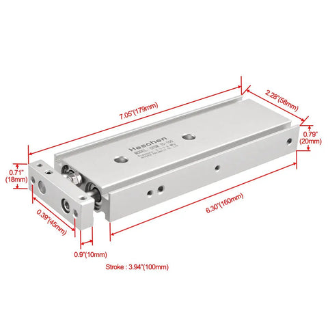 CXSM 15-100 Dual Rod Air Cylinder, 15mm Bore X 100mm Stroke, Guided Pneumatic Actuator With Magnet, Double Acting Slide Bearing, M5x0.8 Port, Heavy-Duty Industrial Automation Replacement For Precise Linear Motion, silver aluminum cylinder with dimensions