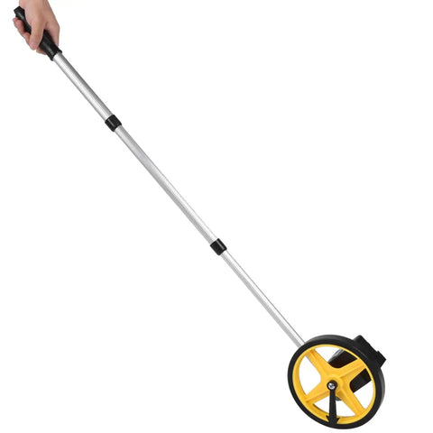 Luocute Mechanical Distance Measuring Wheel 0 to 9999.9m (small wheel) with adjustable aluminum handle and yellow wheel.