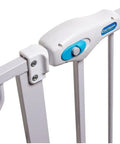 Close-up of lock mechanism on Extra Wide Walk Through Pet Gate With Pet Door White 29 34 Inches Wide 30 Inches High All Steel Construction
