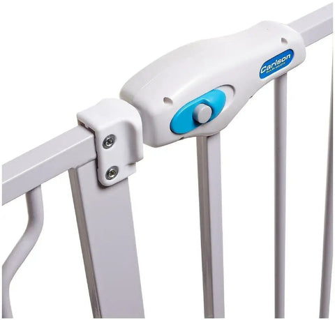 Close-up of lock mechanism on Extra Wide Walk Through Pet Gate With Pet Door White 29 34 Inches Wide 30 Inches High All Steel Construction