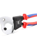 Rock Solid Ratchet Cable Wire Cutter For Snipping Thick Electrical Aluminum Copper And Multi Core Wires Up To 300 Square Millimeters with red and blue grip handles.