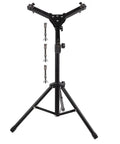 Adjustable Folding Snare Drum Stand Heavy Duty Black Alloy Support With Quick Height Lift For Home Studio Practice and Indoor Sessions, front view showing leg and height adjustment.