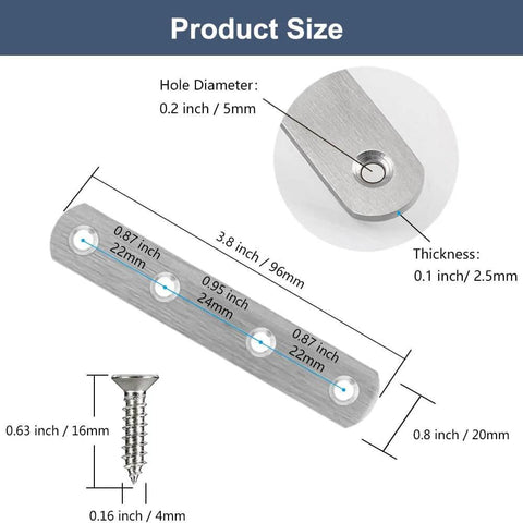 Product size dimensions of 8 Pack 4 Inch Stainless Steel Flat Straight Mending Plates Heavy Duty Repair Brackets With 4 Countersunk Holes And Screws.