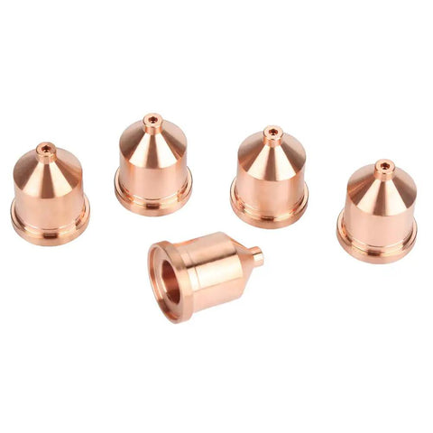 Top Tier 60A Plasma Cutter Nozzles Set Includes Five Premium Copper Torch Tips Model 120931 displayed in a group.