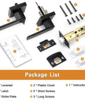 10 Pack Matte Black Privacy Door Levers With Square Rosette, including latch, strike plates, screws, and instructions displayed
