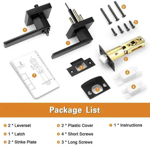 10 Pack Matte Black Privacy Door Levers With Square Rosette, including latch, strike plates, screws, and instructions displayed