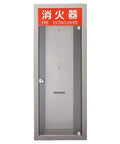 All Star Metallic Gray Recessed Fire Extinguisher Box Features Shatter Proof Clear Polycarbonate Door And Flush Mount Design, front view.