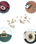 Nickel Plated Carbon Steel Tip Screws Set With 2mm Driver 240 Pcs shown with close-up of screw uses on bags and buckles