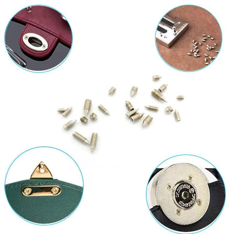 Nickel Plated Carbon Steel Tip Screws Set With 2mm Driver 240 Pcs shown with close-up of screw uses on bags and buckles