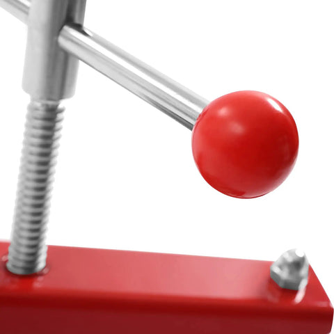 Close-up of the handle on the Heavy Duty T Handle Fruit Wine Press With Dual Stainless Steel Barrels for easy manual pressing.